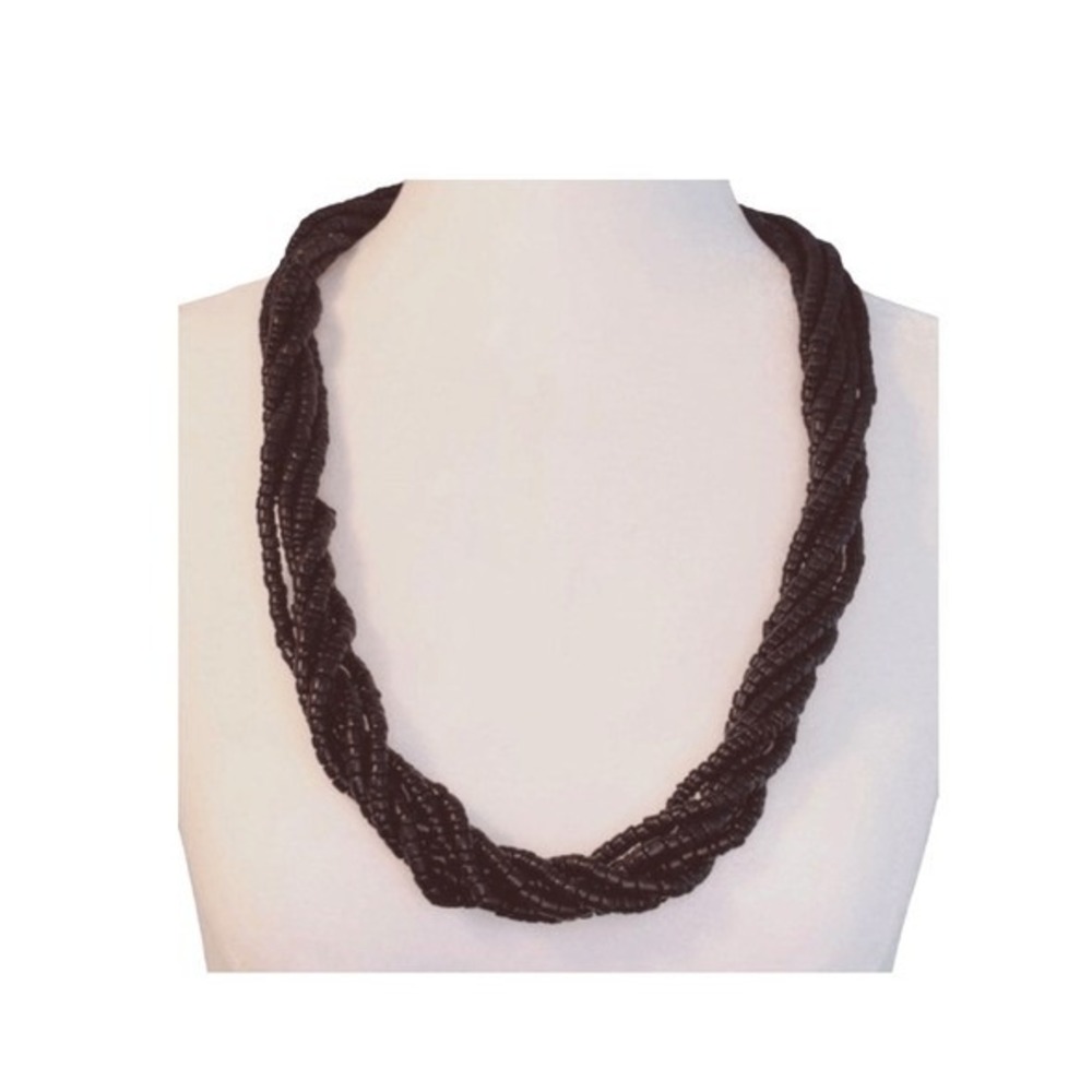 Vintage Beaded Necklace Black Wood Seed Beads Twisted Multi-Strand